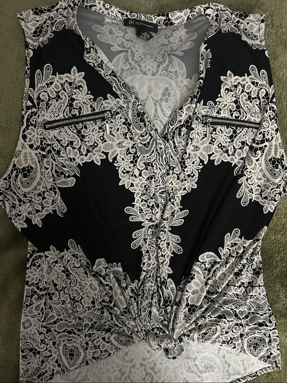 INC International Concepts Black and White Lace-Print Knot Front Sleeveless Top